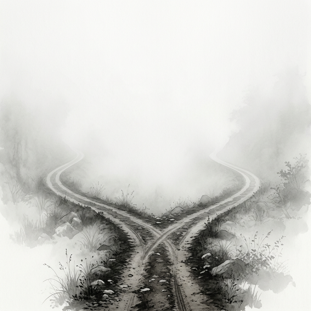 An abstract representation of diverging paths through fog, m