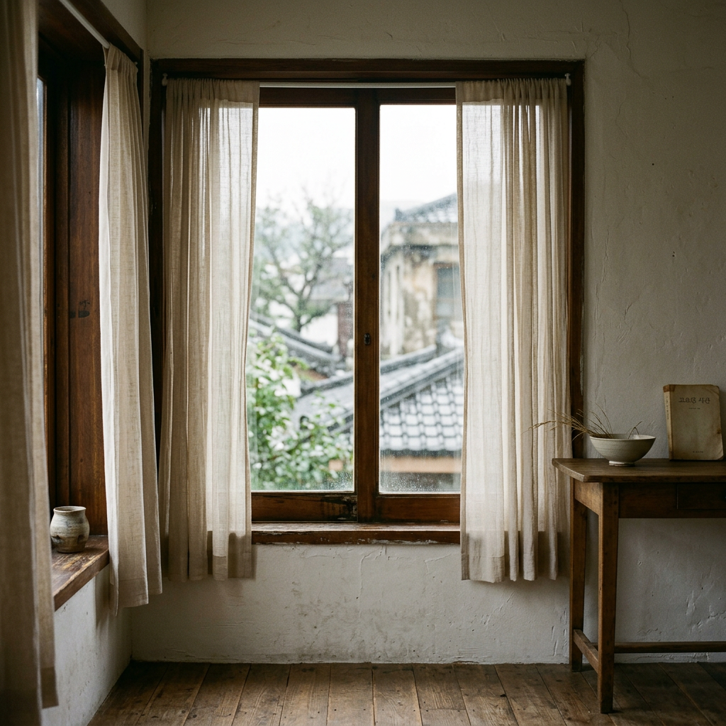 A solitary window frame with curtains slightly parted, gentl