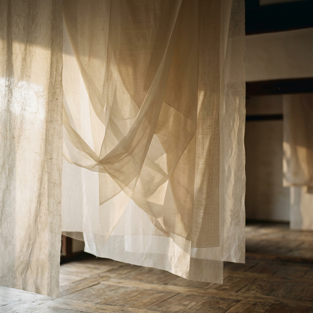 Layered translucent sheets creating depth and shadow play, m