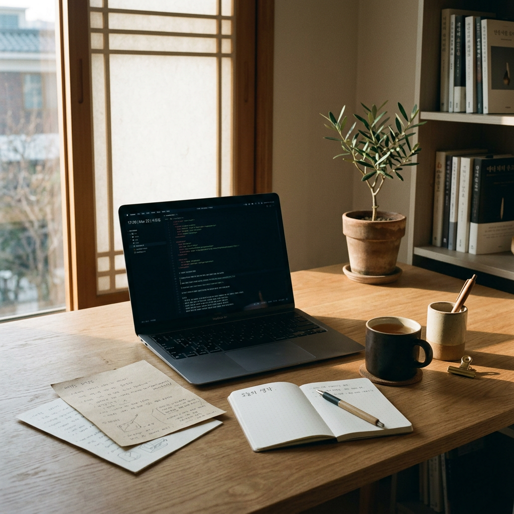 A minimalist desk with scattered papers and a dimmed laptop 