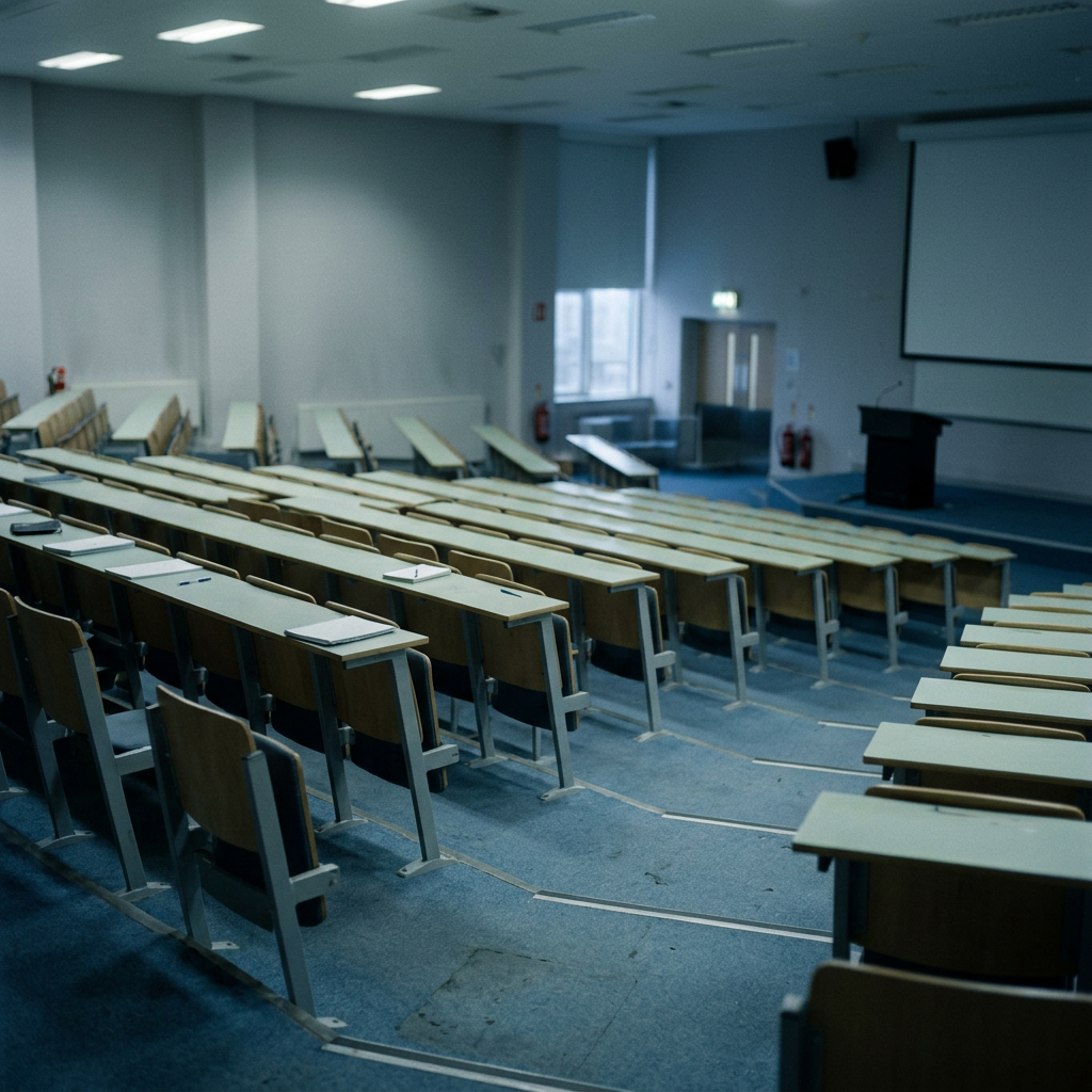 Empty university lecture hall with rows of desks in soft foc