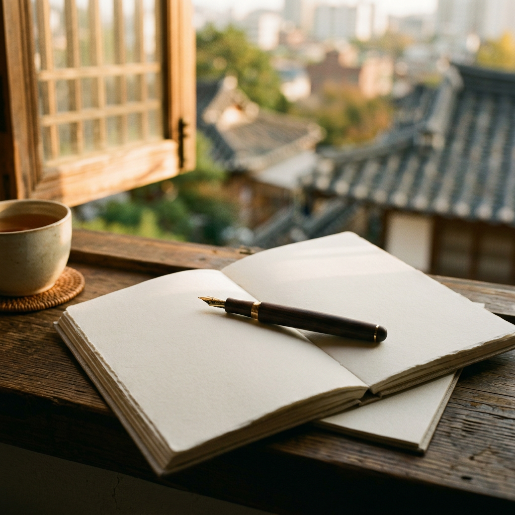 Single pen lying on blank notebook pages, warm golden hour l