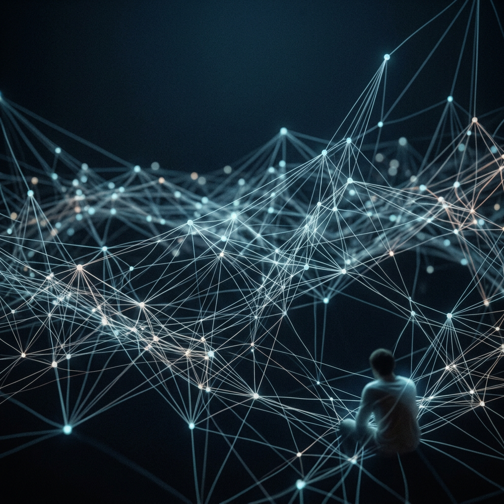 Interconnected threads or nodes glowing softly against dark 