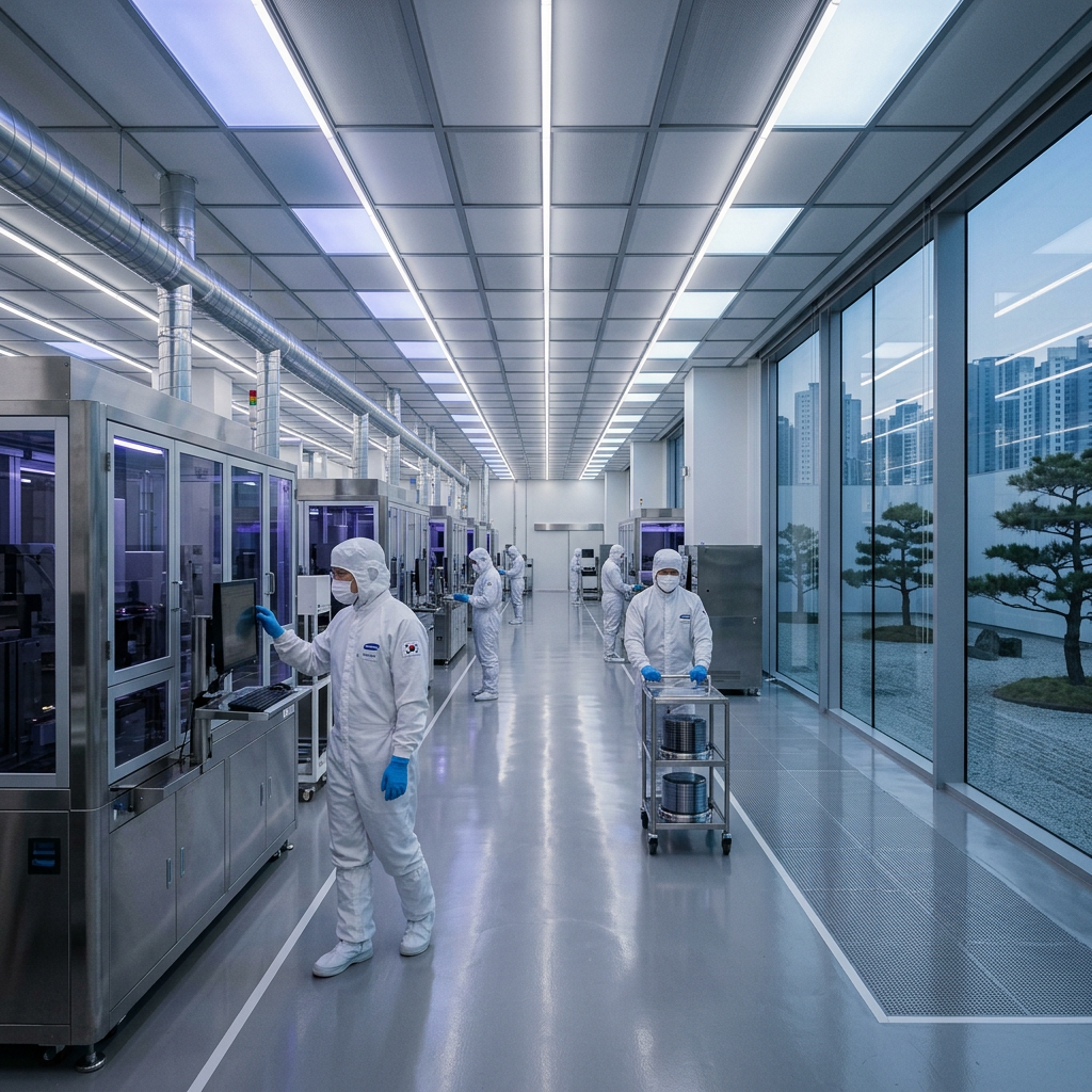 A serene semiconductor manufacturing facility bathed in soft