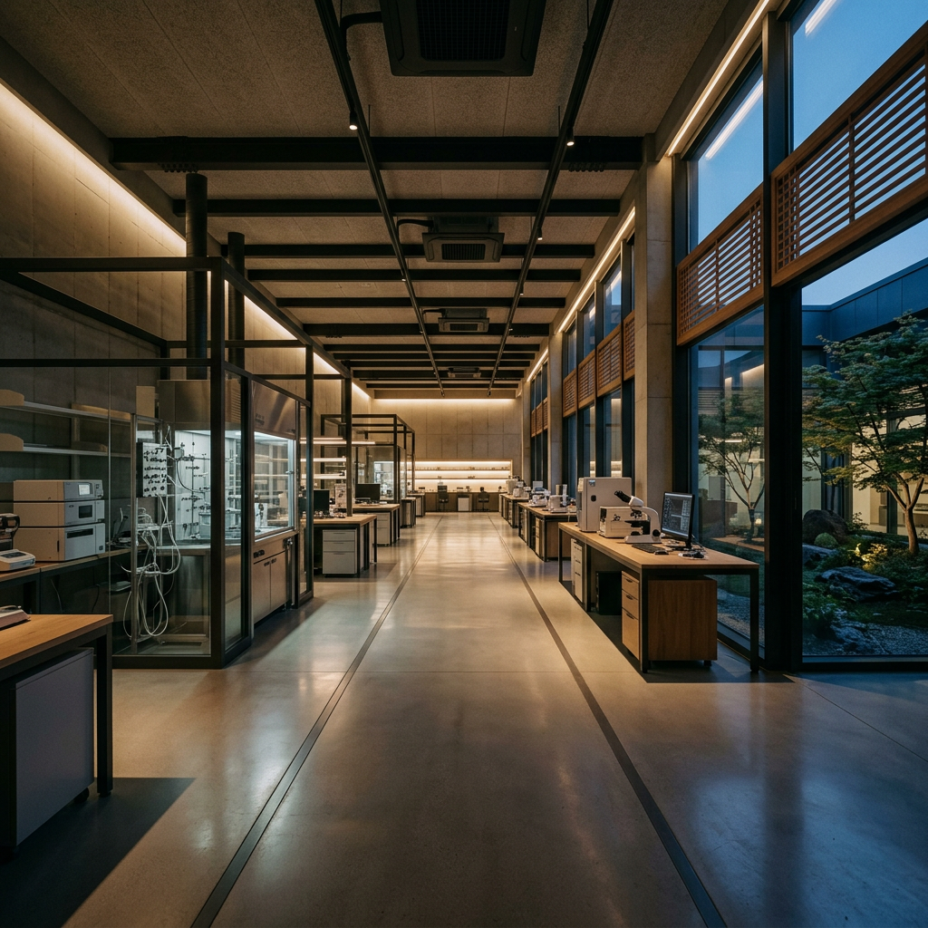 Empty high-tech laboratory space with subtle warm lighting c
