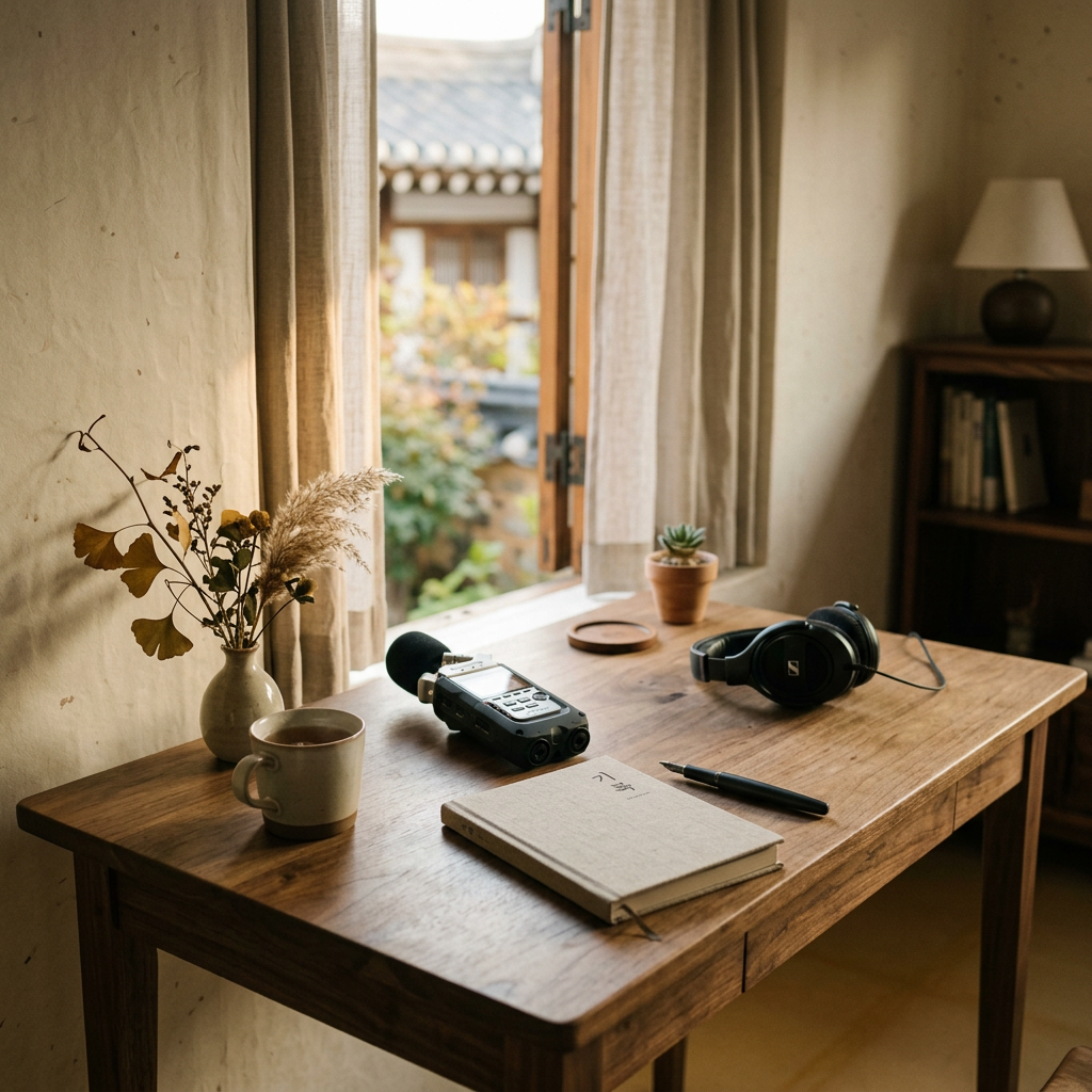 A minimalist desk with a recording device and notebook, soft