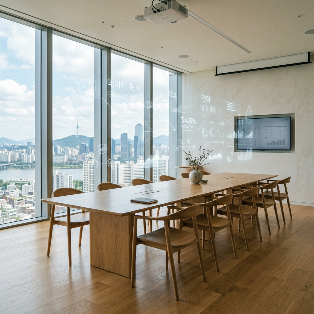 An empty modern meeting room with floor-to-ceiling windows, 