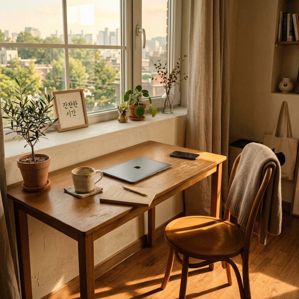A serene workspace with minimalist desk, abandoned coffee cu