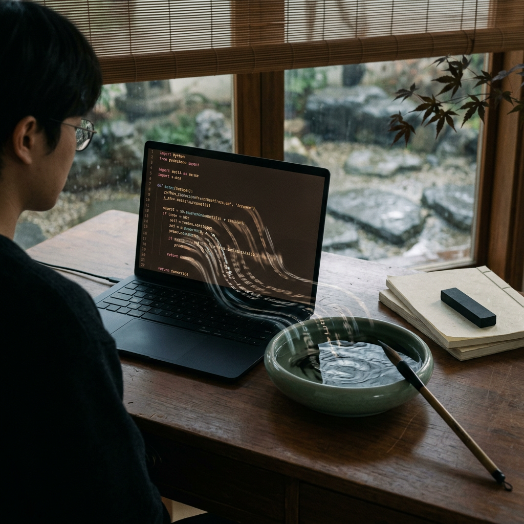 Blurred lines between structured code and flowing water, min