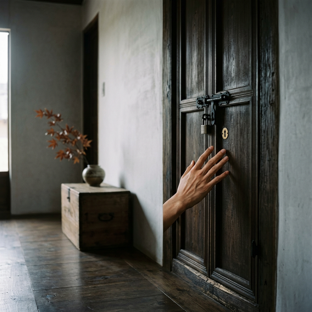 A solitary hand reaching toward a locked door in soft shadow