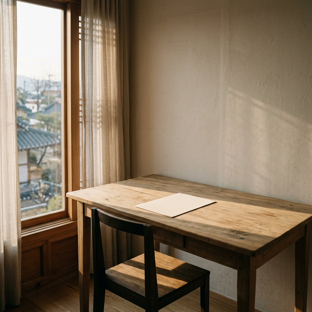 A minimalist empty desk with a single blank paper and soft m